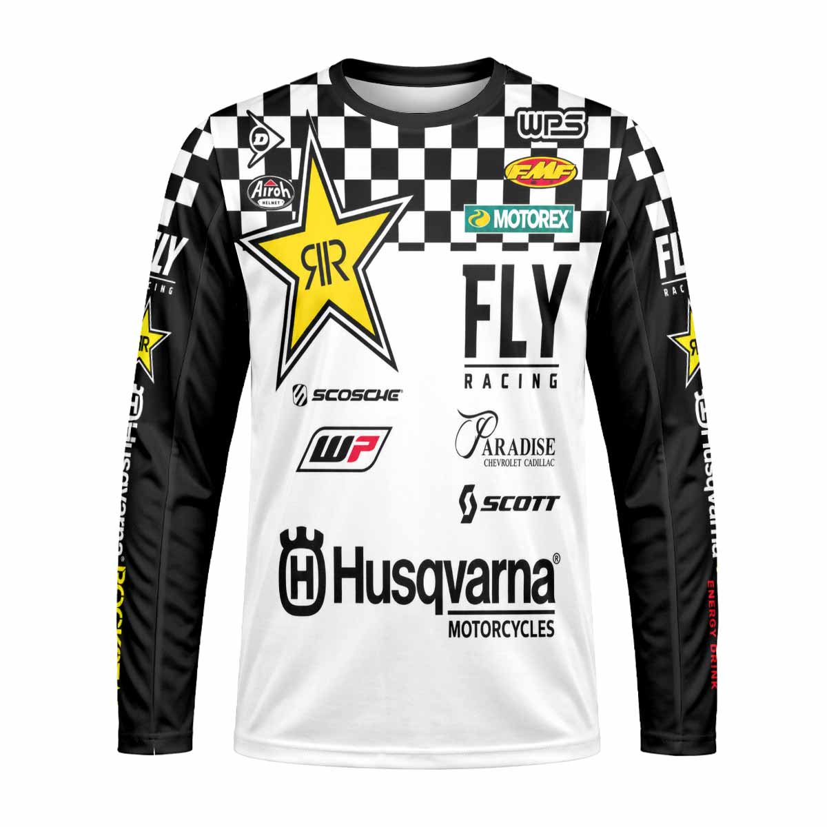White and Black Checkered Racing Long Sleeve Motocross Jersey