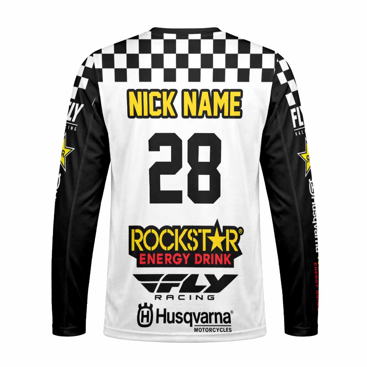 White and Black Checkered Racing Long Sleeve Motocross Jersey