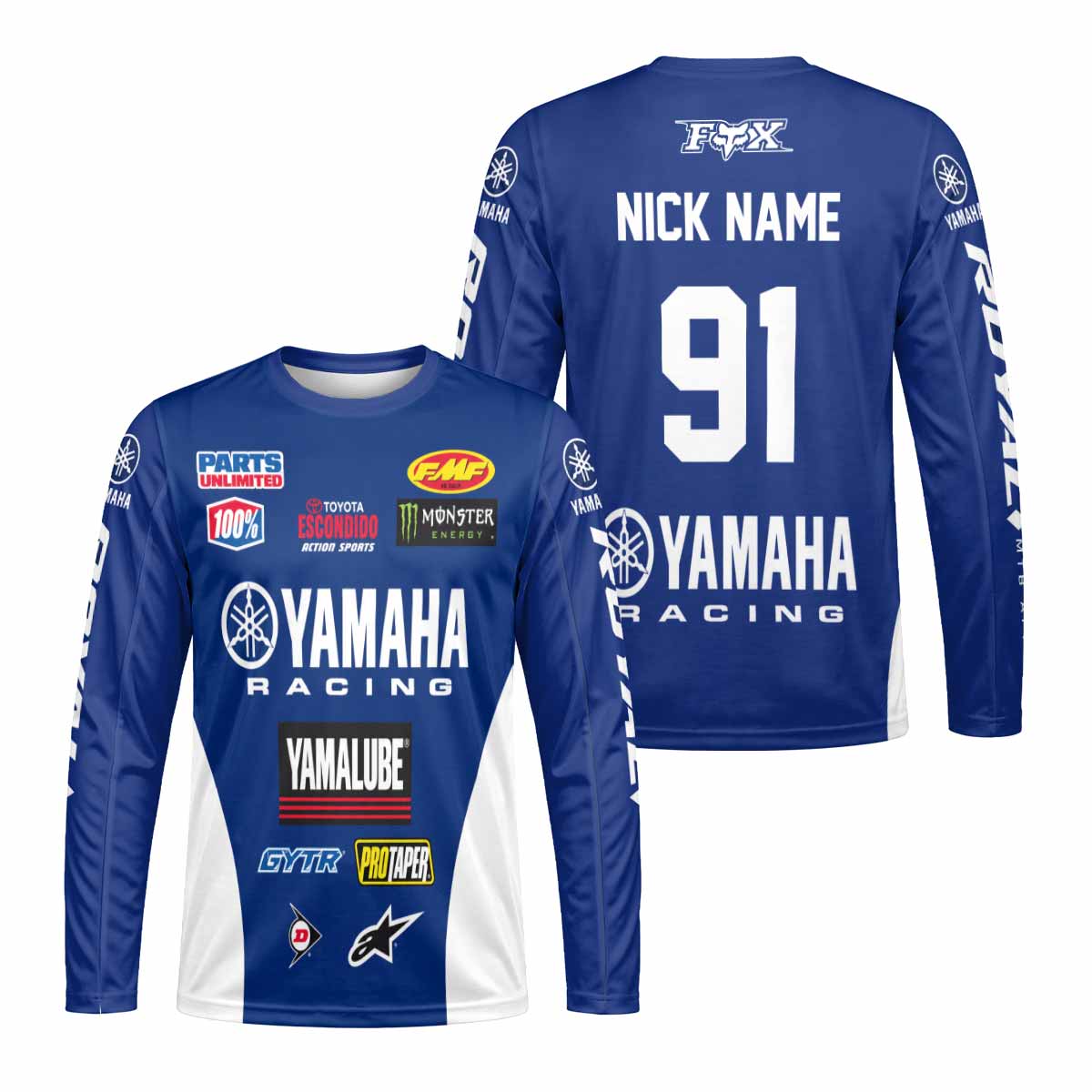 Blue and White Factory Racing Graphic Custom Name Long Sleeve Motocross Jersey