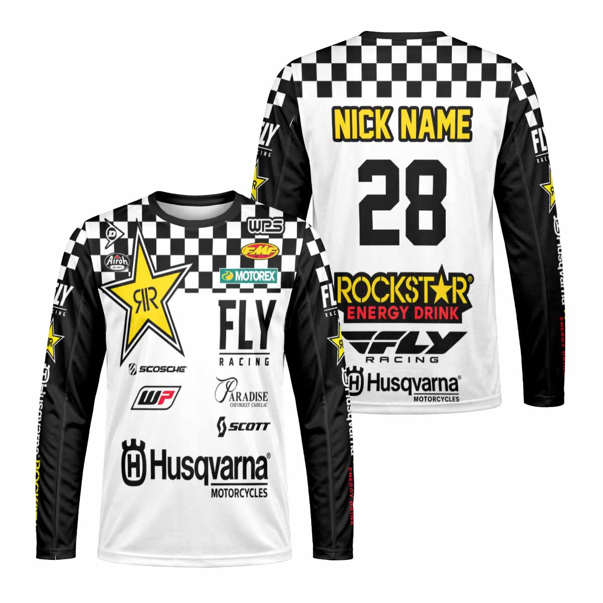 White and Black Checkered Racing Long Sleeve Motocross Jersey