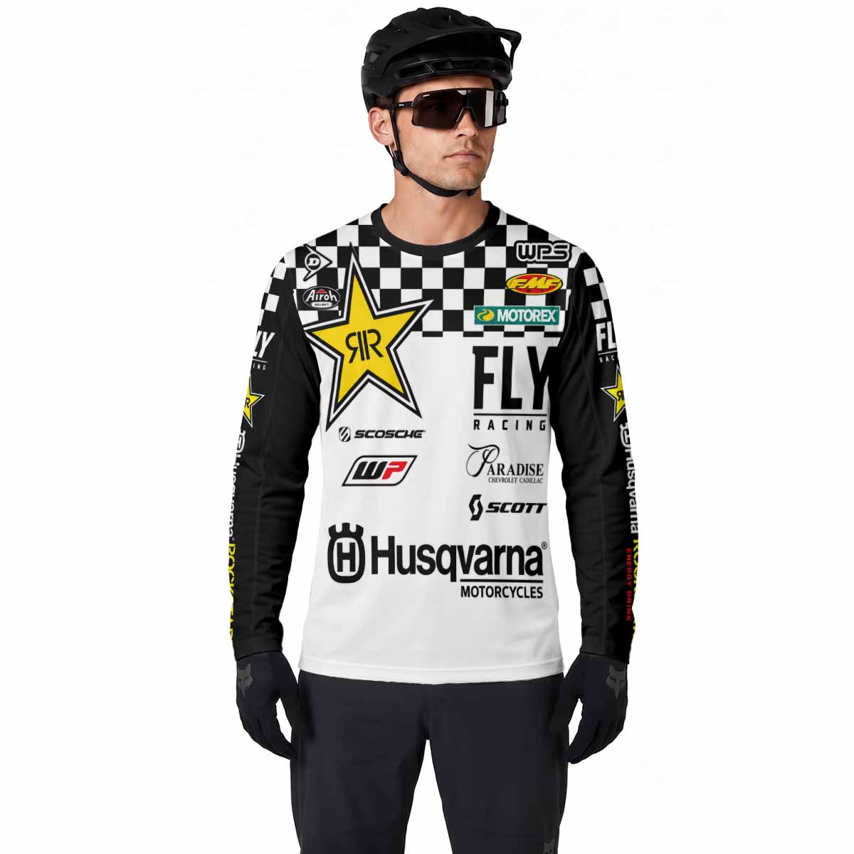 White and Black Checkered Racing Long Sleeve Motocross Jersey